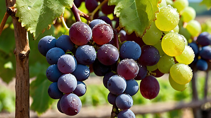Fresh bunches of ripe grapes with drops of dew hang from the vine against the backdrop of a picturesque vineyard.