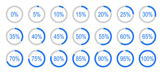 Percentage infographics. Round diagrams icons from 0 to 100 percent. Grey, blue color fill divided pie charts indicator. Circle graph loading progress layout.