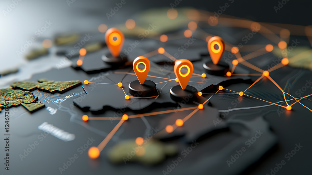 Poster mapping global connections geolocation points on a digital map technology data visualization dark th