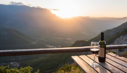 Enjoying a serene sunset view over a valley while sipping wine on a wooden terrace