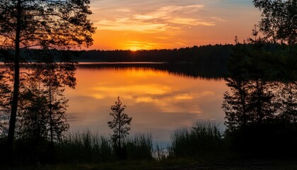 Fototapeta premium Sunset over Derkalyn Lake framed by trees, casting warm reflections on calm water