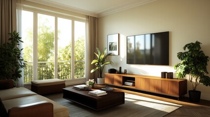 Fototapeta premium Spacious living room featuring a large flat screen television on a modern entertainment unit