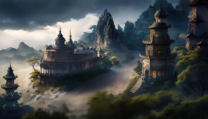 Majestic ancient architecture nestled among misty mountains at dusk