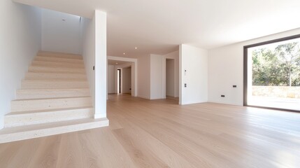 Obraz premium Modern minimalist home interior, spacious living room with stairs, large window showing garden