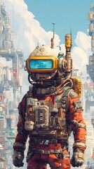 A pixel steampunk adventurer, wearing brass goggles, a mechanical arm, and a jetpack, standing in a clockwork city, ultra-detailed 8-bit sprite