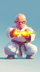 A pixel monk warrior, bald, wearing simple robes, glowing fists radiating power, detailed 8-bit game character