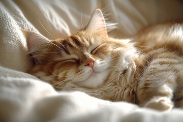 A fluffy cat snoozes on the windowsill bathed in the morning sun's rays. The simple life of a cat