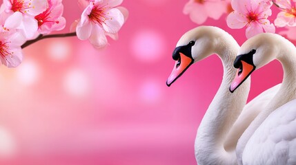 Obraz premium Two White Swans Amidst Delicate Pink Blossoms Springtime Romance Scene