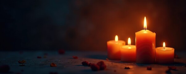 Vigil candle flames softly dance on somber background, darkness, peace, evening