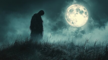 Halloween Scarecrow in Dark Forest Under Full Moon on Spooky Night