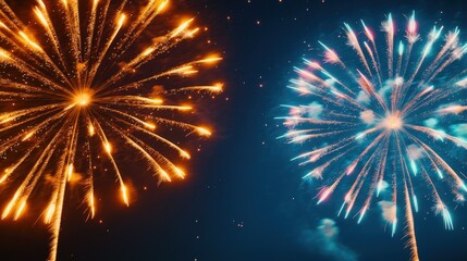 Stunning Night Sky Fireworks Display Two Colorful Explosions Celebration