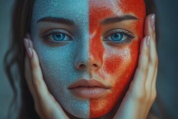 Fototapeta premium Contrasting Emotions Masks in Hands Bipolar Mental Health Awareness Split Personality Concept