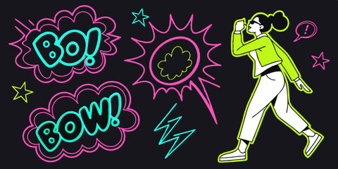 Vector Comic Speech Bubbles with Neon Colors and Black Background
