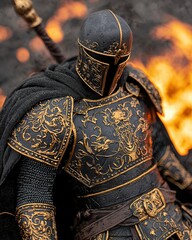 Obraz premium Heroic knight in fiery battle fantasy realm dramatic atmosphere close-up perspective