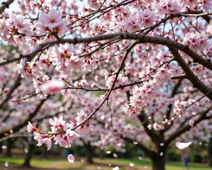 Fototapeta premium A serene scene of cherry blossom trees in full bloom, showcasing delicate pink flowers against a blue sky, evoking a sense of tranquility and beauty.