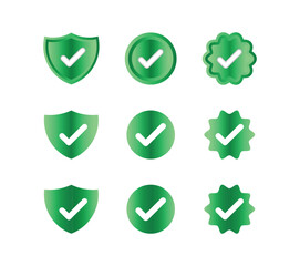 Set of 9 green gradient verified badges in 3 shapes and styles, symbolizing authentication and safe zones