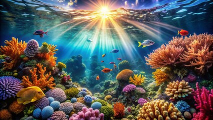 Fototapeta premium Enchanted Underwater Kingdom: Sunbeams Dance on Vibrant Coral Reef