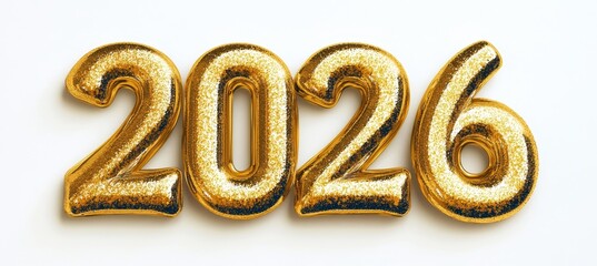 Golden Balloons Form Festive, Glittering 2026 Celebrating New Year On White Background