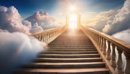 Obraz premium Firefly kingdom of heaven features stairs leading to a radiant entrance in a serene cloudscape during a breathtaking moment of tranquility