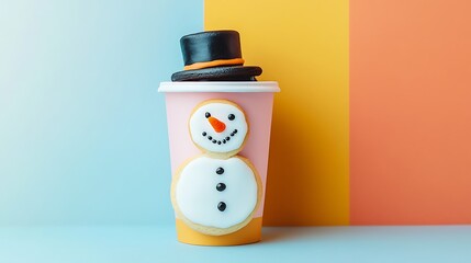 A coffee cup with a snowman cookie isolated on a colorful background