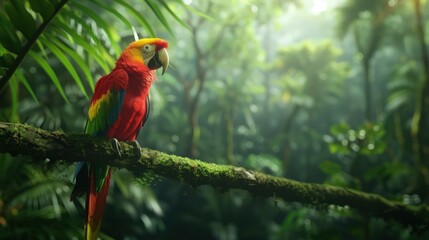 A colorful parrot is perched on a tree branch in a lush green jungle