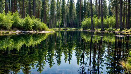 Obraz premium A forest lake with crystal clear water that reflects the surrounding trees.