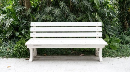 White park bench, lush greenery backdrop, peaceful setting, relaxation