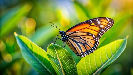 Fototapeta premium Endangered Monarch Butterfly on Milkweed, Tilt-Shift Macro Photography