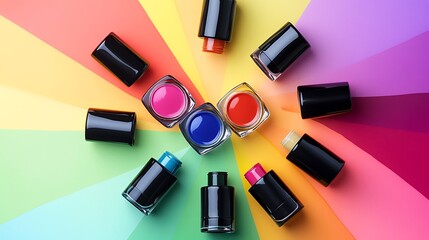 Obraz premium A collection of rainbow colored nail polishes in a semicircle isolated on a colorful background