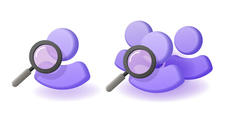 Human people search 3d icon vector, modern user talent recruit hr graphic set, staff identity verification sign symbol, employee candidate examine, personal profile data analyze magnifying glass
