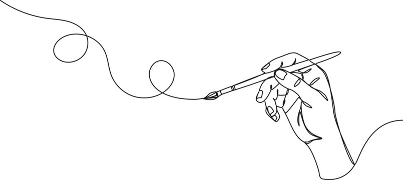 continuous single line drawing of hand holding paintbrush, line art vector illustration