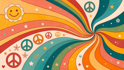 Colorful peace sign pattern with smiley face and vibrant swirls for retro design concept