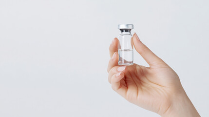 Close-up of a hand holding a clear vaccine vial for medical concept and research