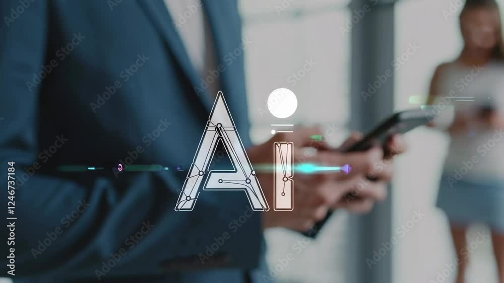 Poster artificial intelligence symbol appearing on a smartphone used by a businessman in a bright office en