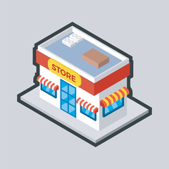 isometric store building with outline flat vector design.