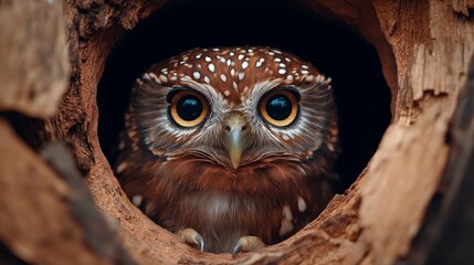 Close-Up of an Adorable Spotted Owl Nesting Inside a Tree Hollow