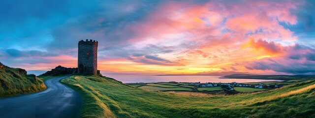 Sunset over an old stone castle tower
