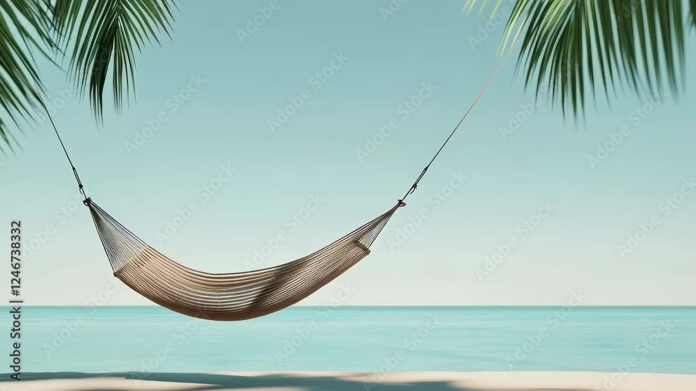 Poster peaceful hammock gently swaying between palm trees, overlooking pristine ocean waters under bright b