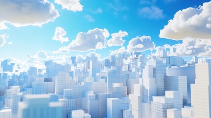 Futuristic Abstract Cityscape with Blue Sky and White Clouds