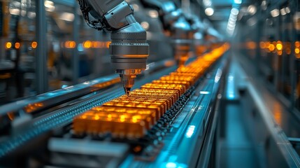 Advanced High Precision Robot Arm inside Bright Electronics Factory. Electronic Devices Production Industry. Component Installation on Circuit Board. Fully Automated Modern PCB Assembly Line