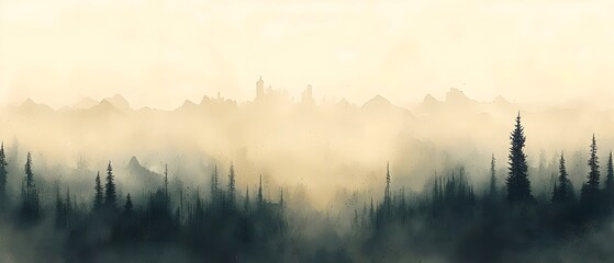 Fototapeta premium A captivating misty landscape featuring dense evergreen trees and distant mountain silhouettes, creating an ethereal atmosphere in muted pastel tones.