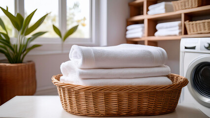 A freshly washed white towel folded on a wicker laundry basket, placed in a bright and airy laundry room