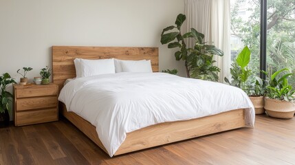Modern bedroom, wooden bed, plants, window view, tranquil interior design