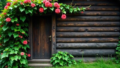 Obraz premium Vines and flowers entwine the wooden walls of a cabin, flower, wood, rustic