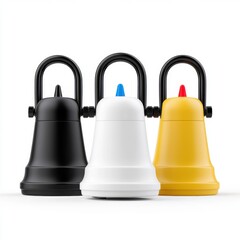 Colorful desk bells in black, white, and yellow, ideal for attention-grabbing marketing or service needs