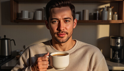 Bearded man in casual sweater holding steaming coffee cup, basking in morning light