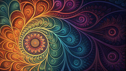 Intricate fractal design featuring swirling patterns and vibrant colors in a harmonious composition