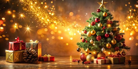 Festive Christmas Background: Decorated Tree, Gifts & Copy Space for Holiday Greetings