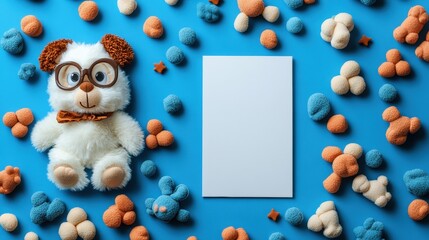 Teddy bear wearing glasses and a bow tie sitting on a wooden surface with a neutral background