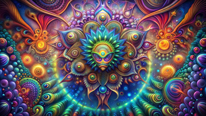 Intricate psychedelic artwork featuring a vibrant mandala-like design with colorful patterns